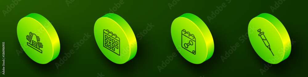Set Isometric line Metal rack with weights, Calendar fitness, and Doping syringe icon. Vector Set Isometric line Metal rack with weights, Calendar fitness, and Doping syringe icon. Vector
