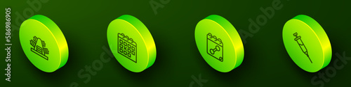Set Isometric line Metal rack with weights, Calendar fitness, and Doping syringe icon. Vector