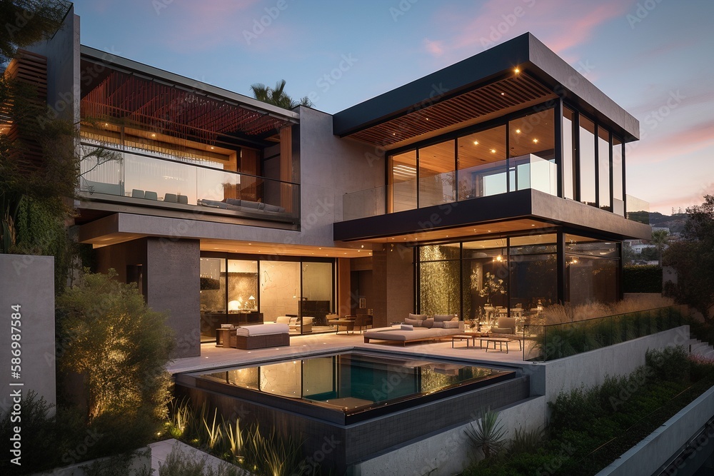 Luxury Modern Home with Large Windows and Contemporary Design, Generative AI