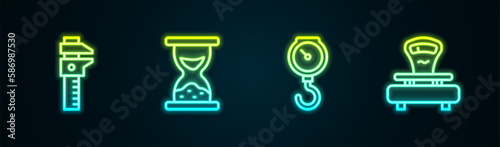 Set line Calliper or caliper and scale, Old hourglass with sand, Hand spring mechanical and Scales. Glowing neon icon. Vector