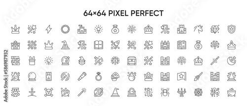 Fairytale & Fantasy Related Vector Line Icons. Contains such Icon as Dragon, Magic Stuff, Fireball, Golden Coins and more. 64x64 Pixel Perfect.