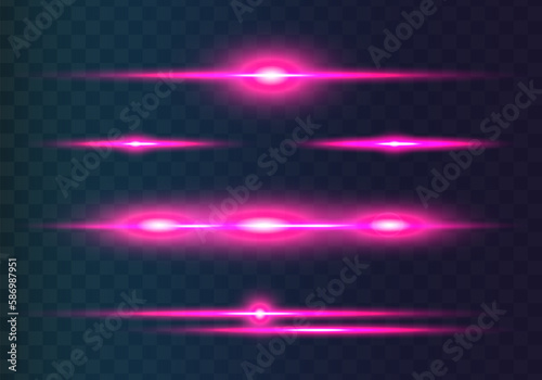 Set of purpur horizontal lens flares pack. Abstract light flares, laser beams, sparkling lined, horizontal light rays. Vector illustration.