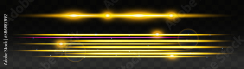Set of yellow horizontal lens flares pack. Abstract light flares, laser beams, sparkling lined, horizontal light rays. Vector illustration.
