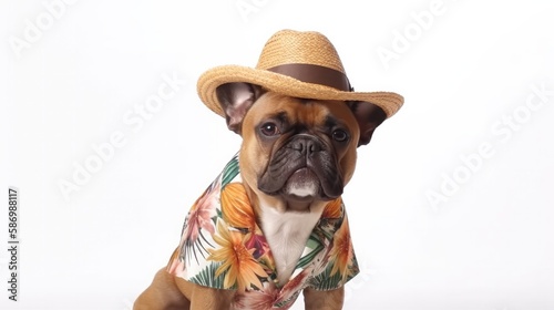 Portrait of French bulldog dog with Hawaiian shirt and Panama hat on a white background. Generative AI.