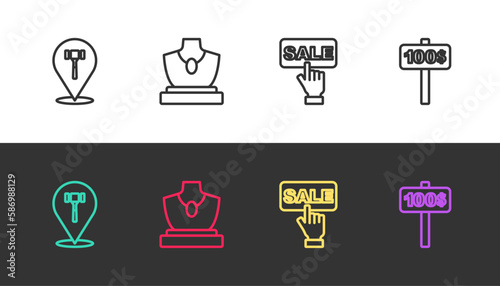 Set line Auction hammer  jewelry sale  Price tag with Sale and Hand holding auction paddle on black and white. Vector