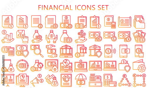 Business and financial gradient outline icons set, contain money, currency, dollar, report, finance and more. use for modern concept, UI or UX kit, web and app. vector EPS 10 ready convert to SVG.