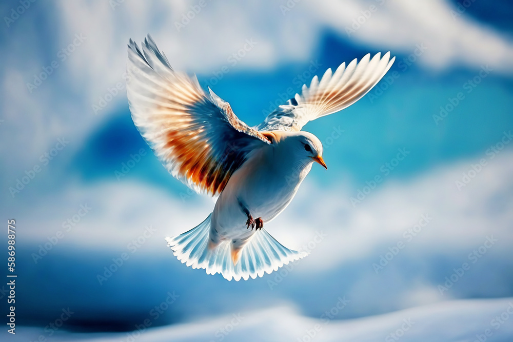 Fototapeta premium White dove flying in the sky. Generative AI.