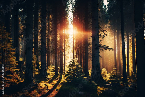Trees in the forest with sunlight. Generative AI.
