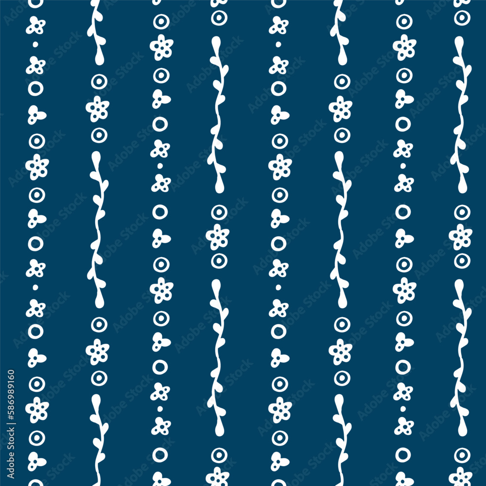 Seamless striped pattern of small flowers and dark blue leaves. Vector floral columns. Seamless striped pattern of small flowers and dark blue leaves. Vector floral columns.