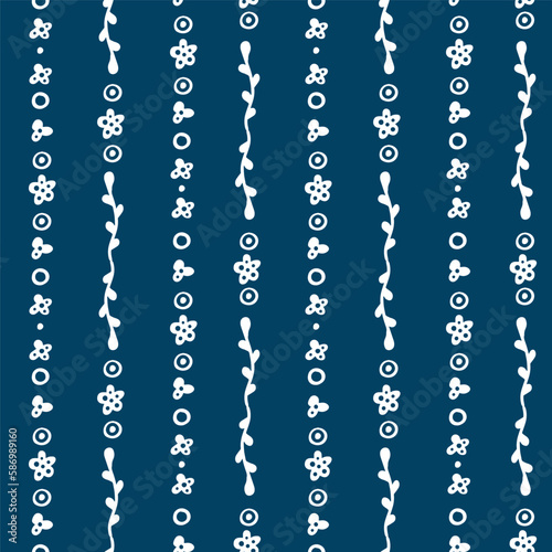 Seamless striped pattern of small flowers and dark blue leaves. Vector floral columns.