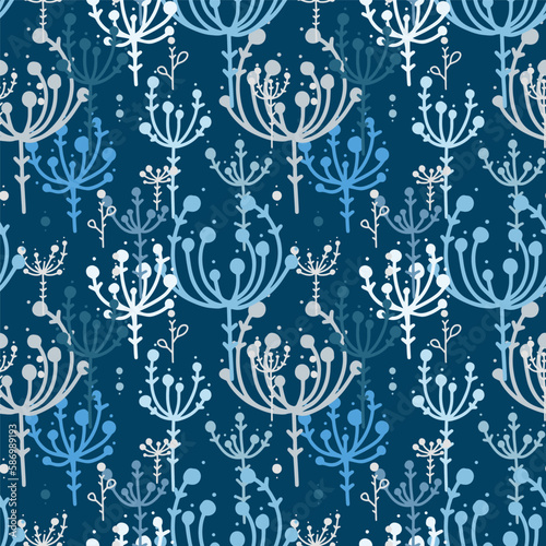 Seamless vector pattern of plant umbrellas  bunches  inflorescences and seeds.