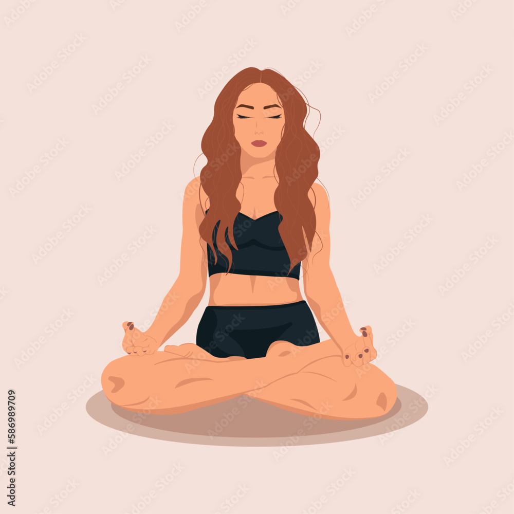  Young woman is doing yoga exercises, practicing meditation and in the lotus position on the mat. Female character practicing yoga and meditation.Trendy flat vector in beige and warm colors.