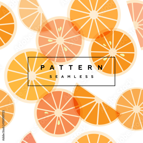 Orange seamless pattern. Fruit background. Transparent slice of fruits and frame with text is on separate layer. Label and packaging simple design.