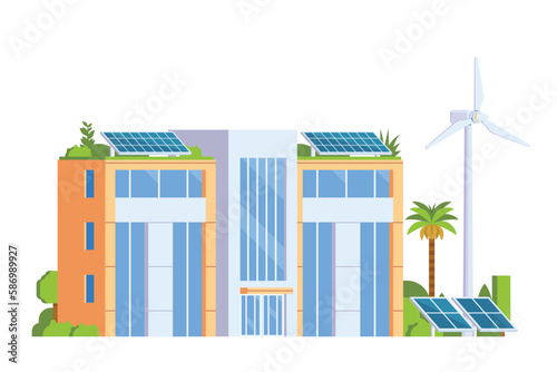 Fototapeta Naklejka Na Ścianę i Meble -  Vector elements representing Green Powered Building. Eco Concept city illustration with a tree, solar panels, wind turbines and green spaces
