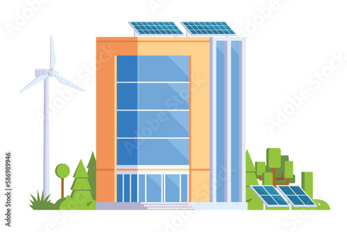 Vector elements representing Green Powered Building. Eco Concept city illustration with a tree, solar panels, wind turbines and green spaces
