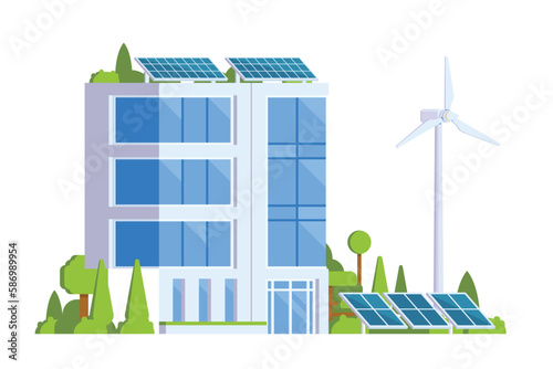 Vector elements representing Green Powered Building. Eco Concept city illustration with a tree, solar panels, wind turbines and green spaces