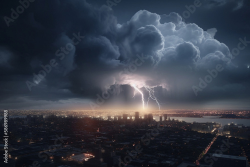 a thunderstorm with lightning over the city. generative ai