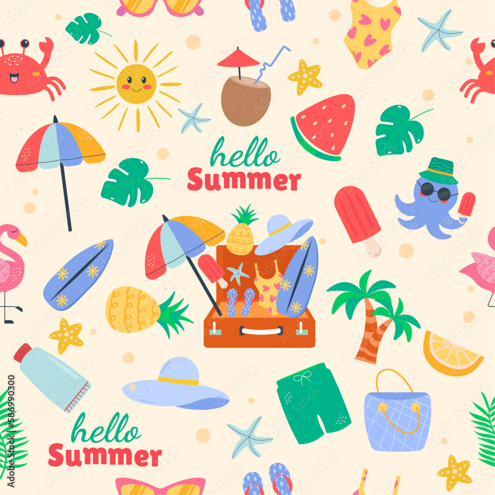 Summer pattern with flat doodle elements Summer pattern with flat doodle elements