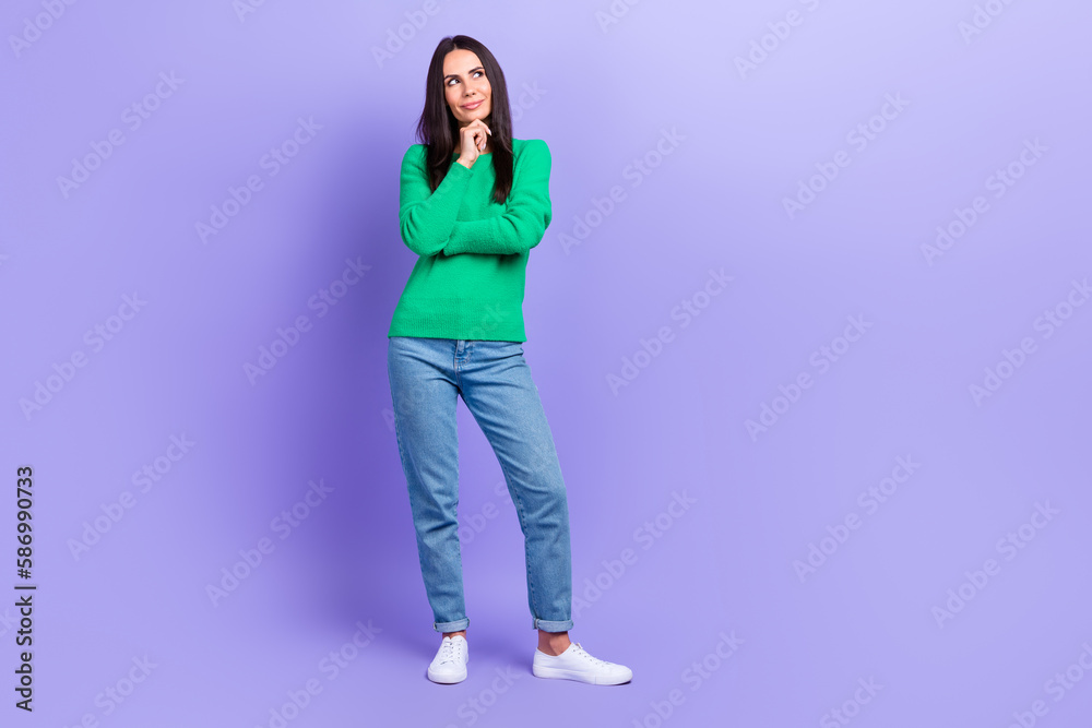 Full length body size photo of young agent woman touch chin hand arm look up dream thought isolated purple color background Full length body size photo of young agent woman touch chin hand arm look up dream thought isolated purple color background