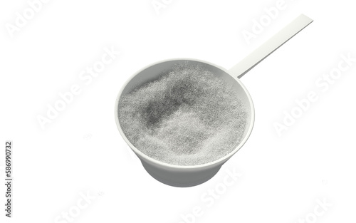 Sport food supplement powder 3d render on trasparent background. Supplement, creatine, hmb, bcaa, amino acid or vitamine in a white scoop. Sport nutrition healthy life concept