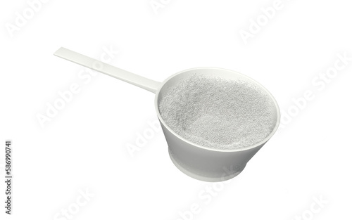 Sport food supplement powder 3d render on trasparent background. Supplement, creatine, hmb, bcaa, amino acid or vitamine in a white scoop. Sport nutrition healthy life concept
