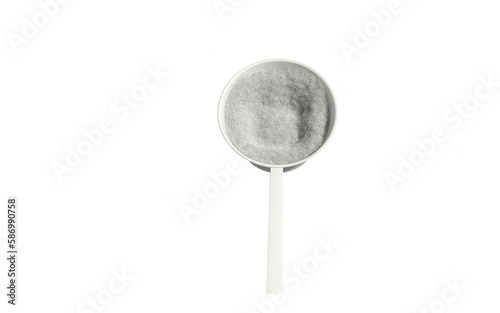 Sport food supplement powder 3d render on trasparent background. Supplement, creatine, hmb, bcaa, amino acid or vitamine in a white scoop. Sport nutrition healthy life concept