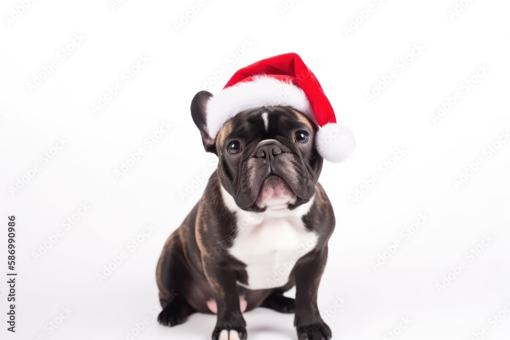 Dog with Santa Hat in front of White Background