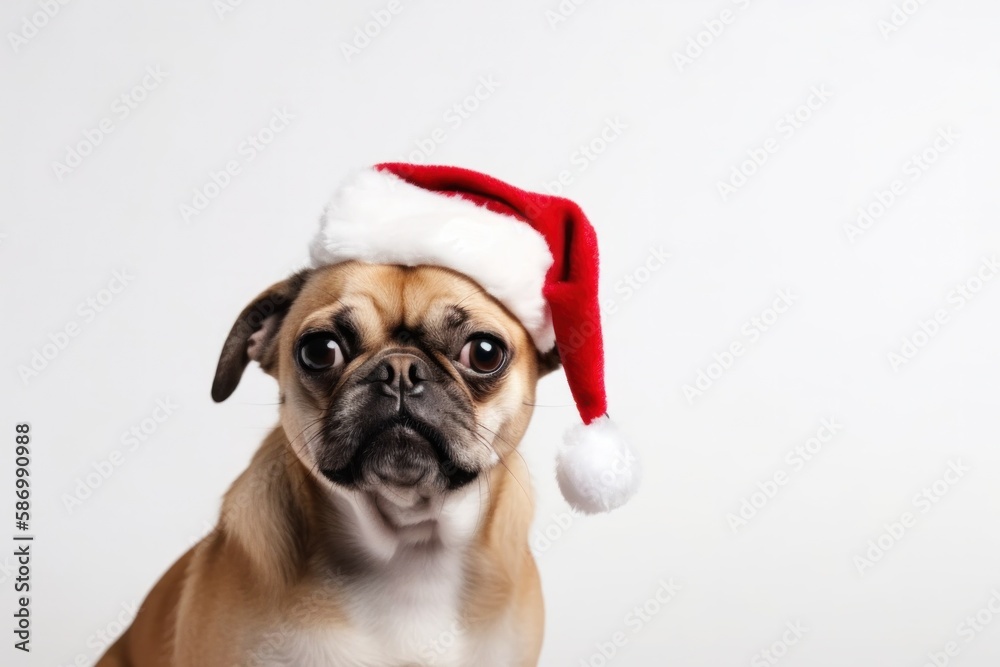 Dog with Santa Hat in front of White Background