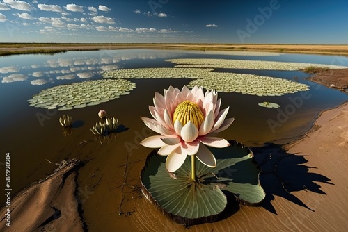 A lotus blooms in a tiny pond on Volgograd territory. Generative AI