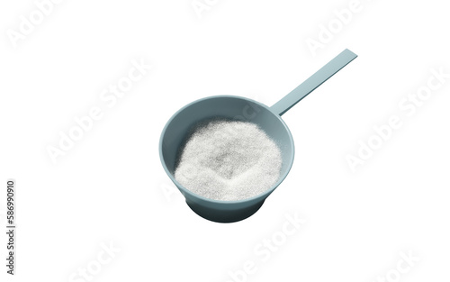 Sport food supplement powder 3d render on trasparent background. Supplement, creatine, hmb, bcaa, amino acid or vitamine in a white scoop. Sport nutrition healthy life concept