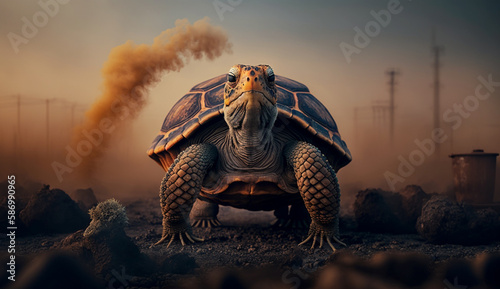 turtle stands watching a petrochemical refinery at sunrise. Generative AI.