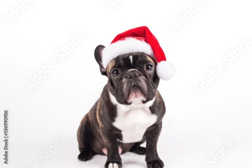 Dog with Santa Hat in front of White Background