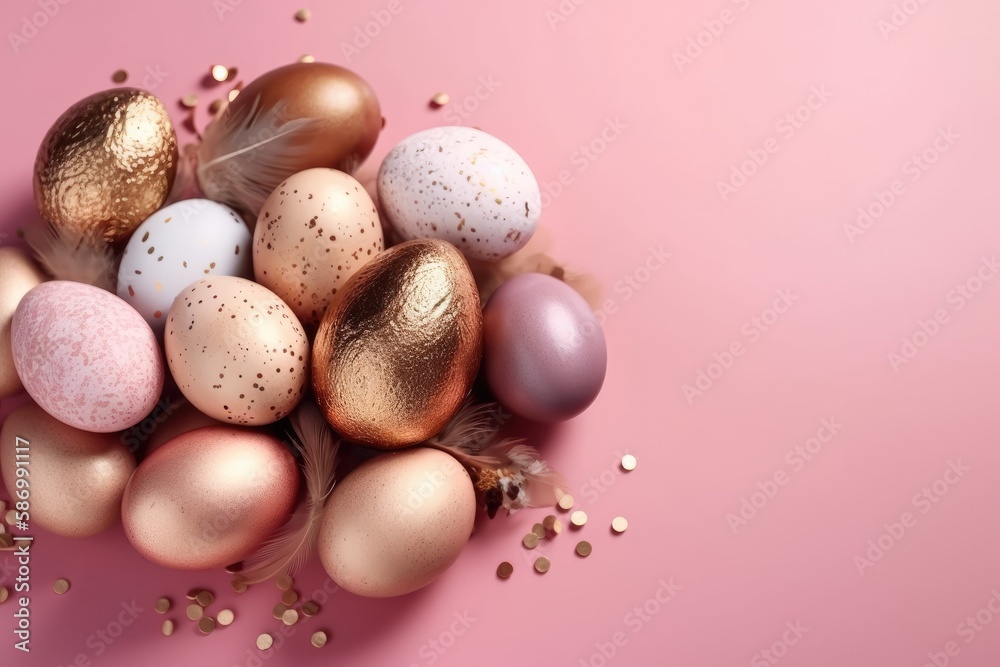 colorful egg basket on a pastel pink background. Generative AI