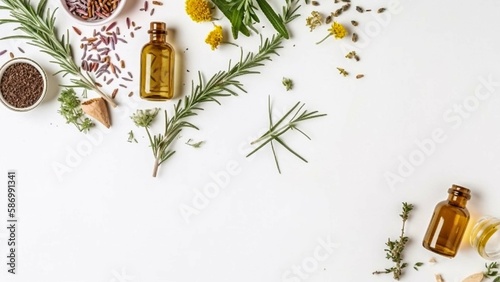 Apothecary of natural wellness and self-care. Herbs and medicine on white background top view frame