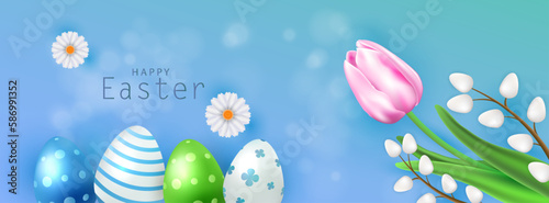 Happy Easter vector with eggs and flowers. Holiday card with tulip and catkins background. Spring celebration design.