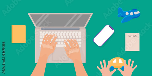 A young woman works at home with a child. Freelance. Remote work. Vector illustration. Top view of the image.