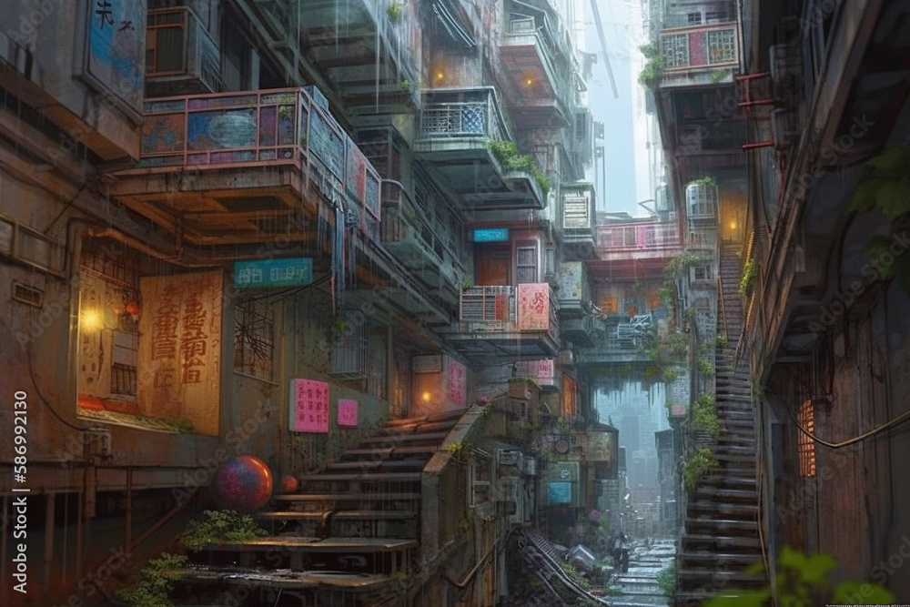 Futuristic asian town. Generative AI illustration