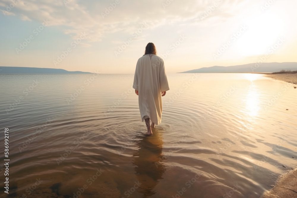 Jesus walking on water. Generative AI illustration Stock Illustration