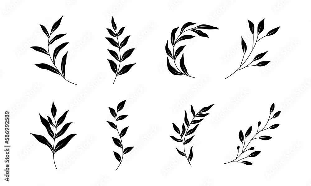 Set of botanical plant with flowers line art element design Set of botanical plant with flowers line art element design
