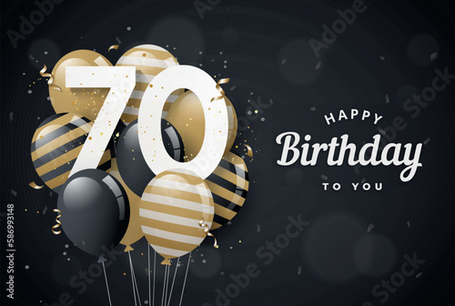 Happy 70th birthday balloons greeting card black background. 70 years anniversary. 70th celebrating with confetti. Vector stock photo