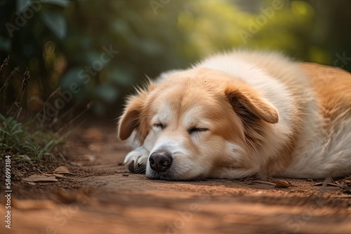 Outside, a content dog is sleeping on the ground. Generative AI