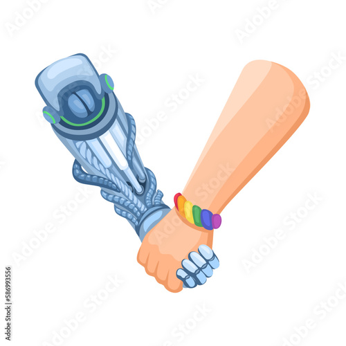 Hand wear lgbt bracelet holds and handshake with cyborg hand. robot and human peaceful symbol cartoon illustration vector