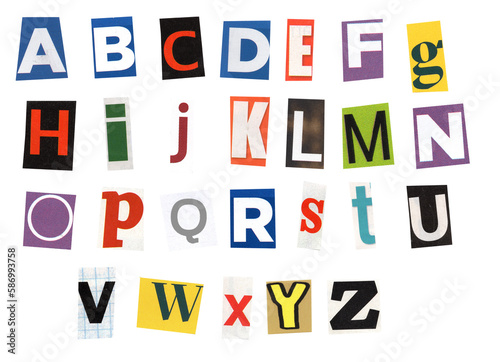 alphabet magazine cut out font, ransom letter, isolated collage elements for text alphabet. hand made and cut, high quality scan. halftone pattern and texture detail. newspaper and scraps