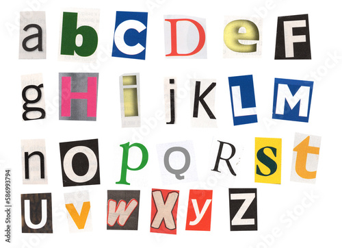 alphabet magazine cut out font, ransom letter, isolated collage elements for text alphabet. hand made and cut, high quality scan. halftone pattern and texture detail. newspaper and scraps
