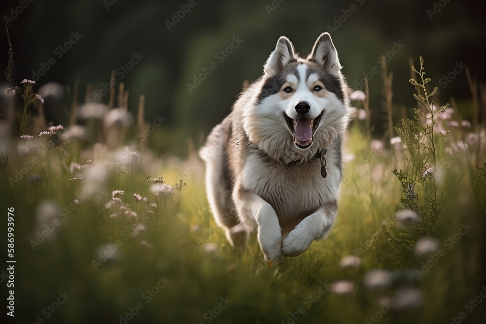 Alaskan Malamute jumping in joy runing to the camera