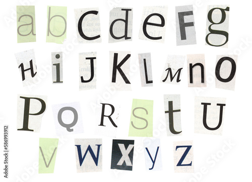 alphabet magazine cut out font, ransom letter, isolated collage elements for text alphabet. hand made and cut, high quality scan. halftone pattern and texture detail. newspaper and scraps