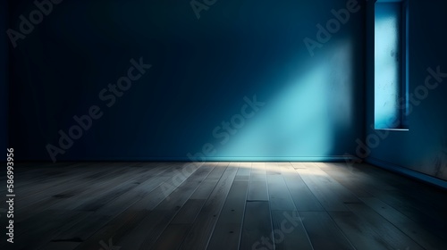 Blue Gradient Wall and Wooden Floor with Light Glare - Interior Background for Presentation