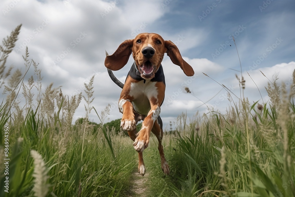 American English Coonhound jumping in joy runing to the camera American English Coonhound jumping in joy runing to the camera
