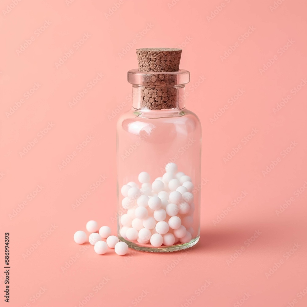 Close-up image of homeopathic globules on a pastel pink background Close-up image of homeopathic globules on a pastel pink background