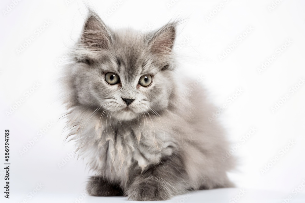 Isolated on white background, a lovely angora kitten with gray and velvety hair. Generative AI